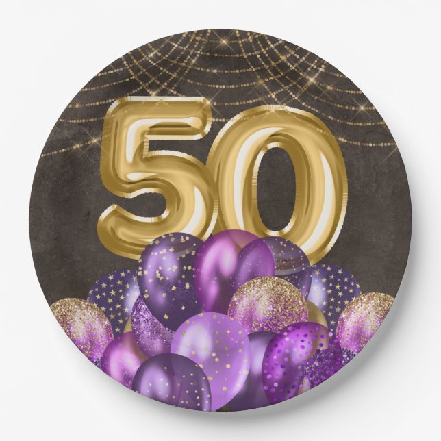 Assiettes En Carton Gold Foil Purple Balloons Fify 50e anniversaire (Devant)