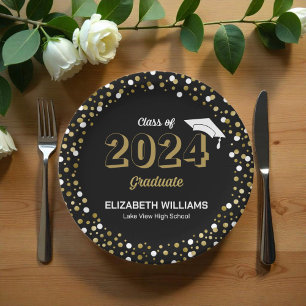Assiettes En Carton Gold Foil Script Confetti Graduation Party Noir