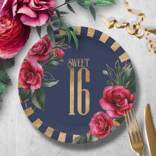 Assiettes En Carton Gold Foil Stripes Floral Sweet sixteen Navy ID757