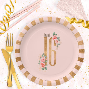 Assiettes En Carton Gold Foil Stripes Sweet sixteen Blush ID756
