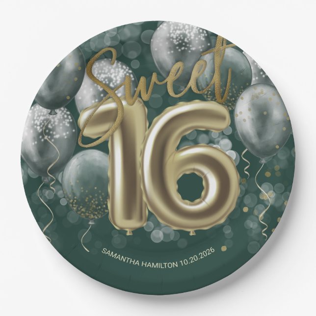 Assiettes En Carton Gold Foil Sweet 16 ballons Anniversaires Emerald G (Devant)