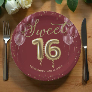 Assiettes En Carton Gold Foil Sweet 16 Ballons d'anniversaire Burgundy