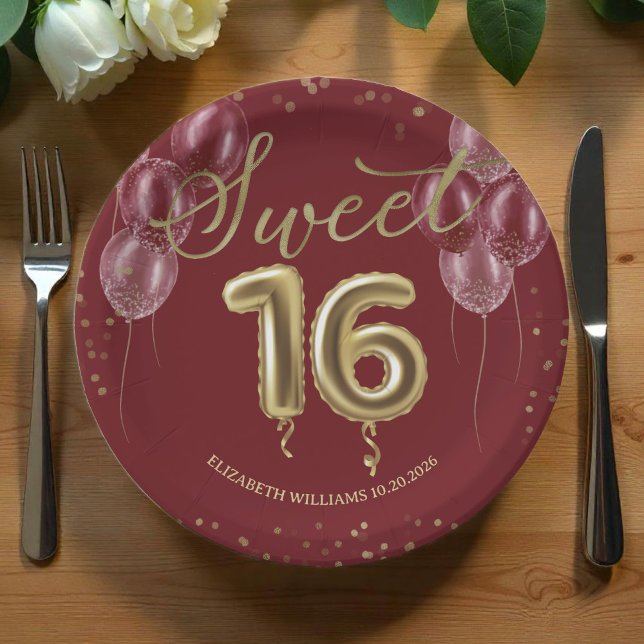 Assiettes En Carton Gold Foil Sweet 16 Ballons d'anniversaire Burgundy (Créateur téléchargé)