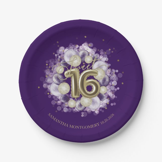 Assiettes En Carton Gold Foil Sweet 16 Ballons d'anniversaire fête vio (Devant)