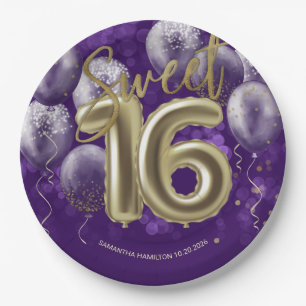 Assiettes En Carton Gold Foil Sweet 16 Ballons d'anniversaire fête vio