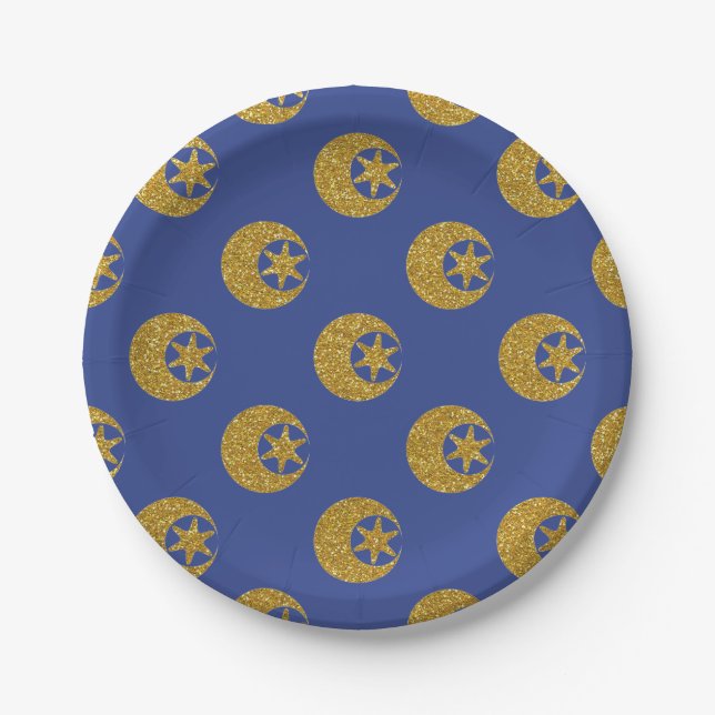 Assiettes En Carton Gold Glitter Moon and Stars Pattern on Blue (Devant)