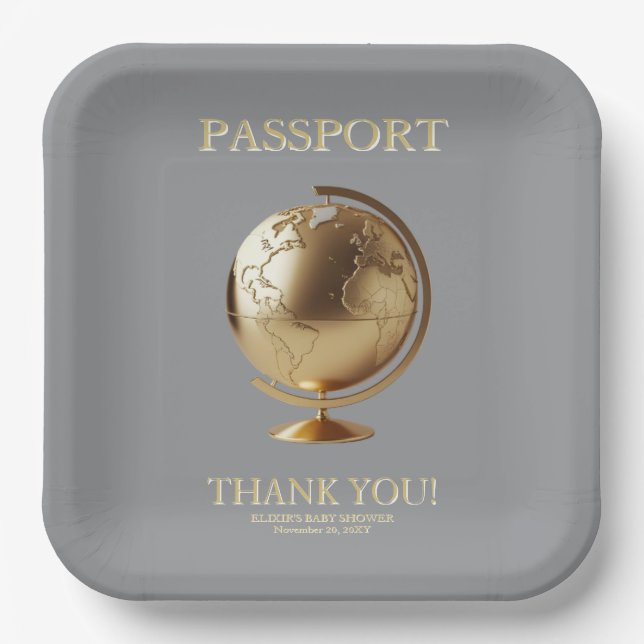 Assiettes En Carton Gold Globe Passport Travel Baby Shower (Recto)