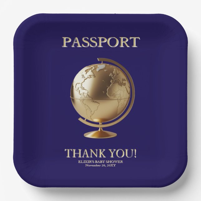 Assiettes En Carton Gold Globe Passport Travel Baby Shower (Recto)