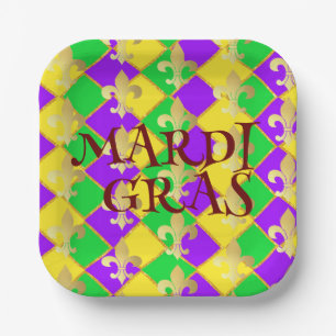 Assiettes En Carton Gold Green Mardi Gras Harlequin Motif
