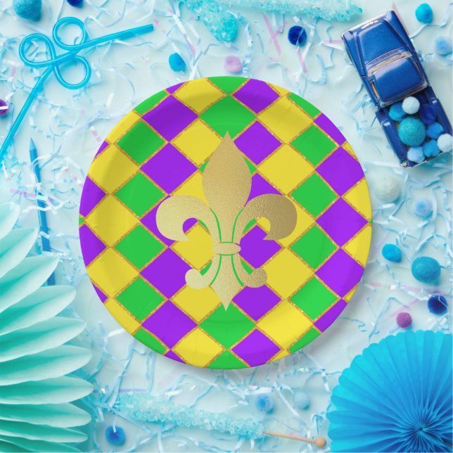Assiettes En Carton Gold Green Mardi Gras Harlequin Motif (Fête)