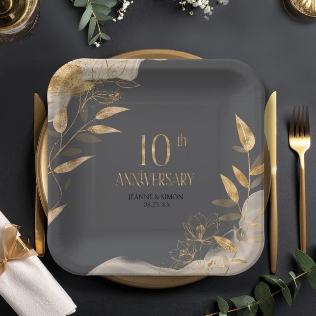 Assiettes En Carton Gold Leaf Floral 10th Anniversary ID1169 (Créateur téléchargé)