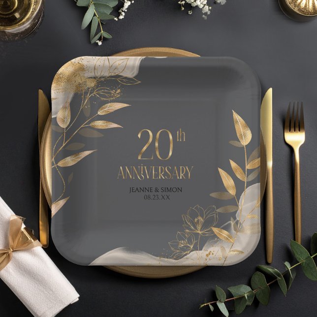 Assiettes En Carton Gold Leaf Floral 20th Anniversary ID1169 (Créateur téléchargé)