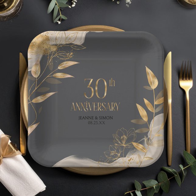 Assiettes En Carton Gold Leaf Floral 30th Anniversary ID1169 (Créateur téléchargé)