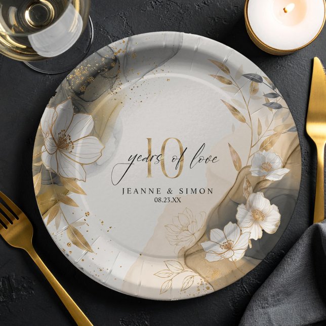 Assiettes En Carton Gold Line Floral 10th Anniversary ID1169 (Créateur téléchargé)