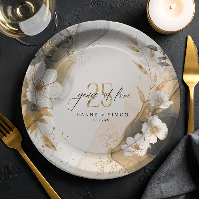 Assiettes En Carton Gold Line Floral 25th Anniversary ID1169 (Créateur téléchargé)