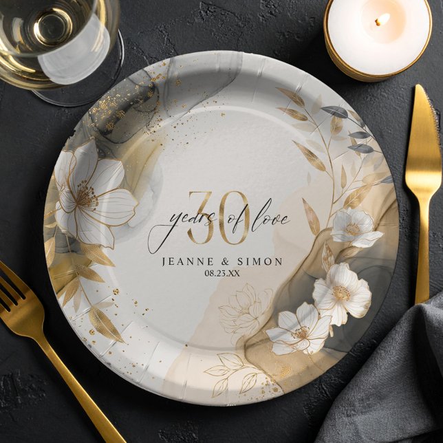 Assiettes En Carton Gold Line Floral 30th Anniversary ID1169 (Créateur téléchargé)