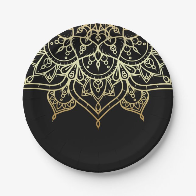 Assiettes En Carton Gold Mandala Black Chic Modern Glam Party (Devant)