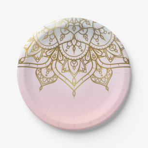Assiettes En Carton Gold Mandala Peach Pink Chic Modern Glam Party