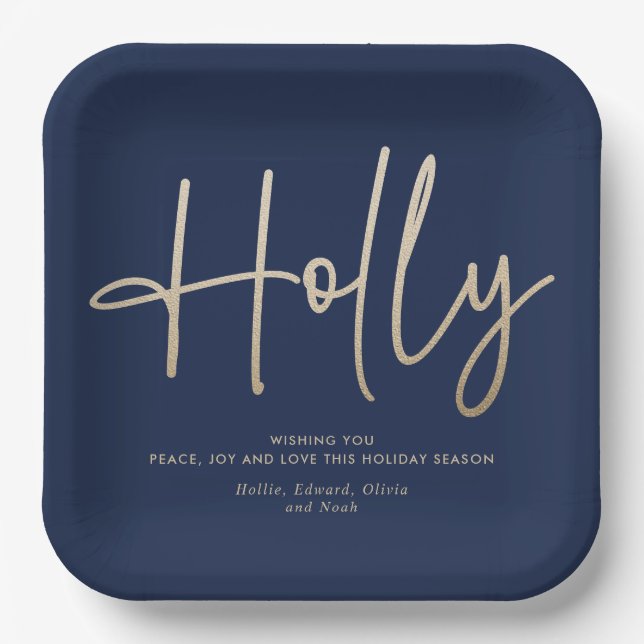 Assiettes En Carton Gold marine bleu moderne script minimal élégant (Recto)