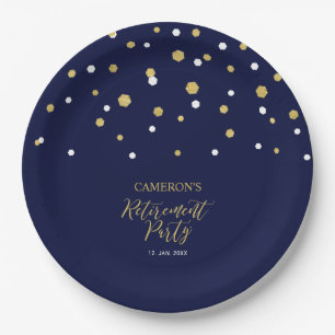 Assiettes En Carton Gold & Navy Blue Chic Confetti Retraite Party