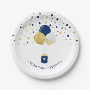 Assiettes En Carton Gold & Navy Blue Confetti Ballons 1er Anniversaire
