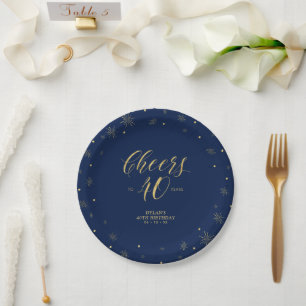 Assiettes En Carton Gold Navy Blue Sparkle encourage la fête du 40e an