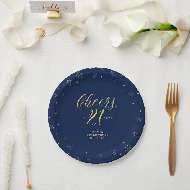Assiettes En Carton Gold Navy Blue Sparkle salue 21ème anniversaire fê (Mariage)