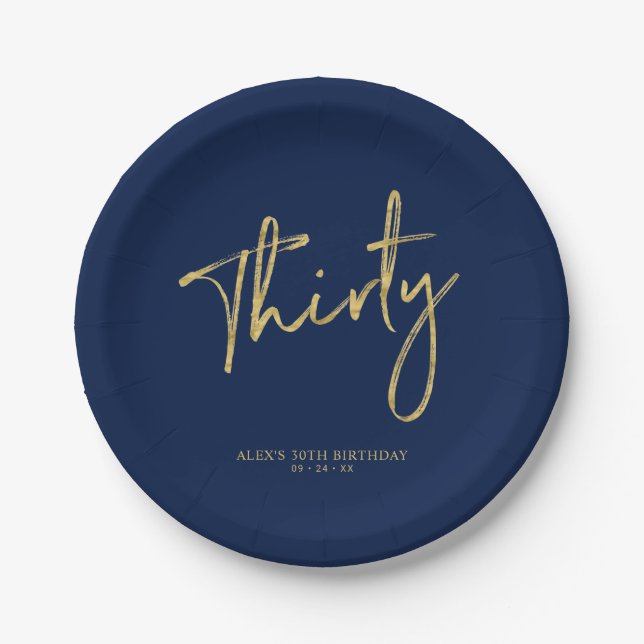 Assiettes En Carton Gold & Navy Blue Trente Lettres 30e anniversaire (Devant)