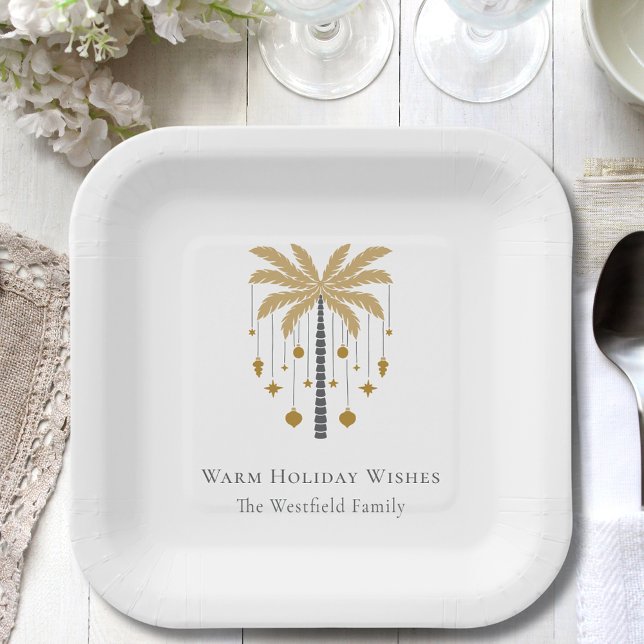 Assiettes En Carton Gold Palm Tree Chaleureuse Fête des voeux (Gold Palm Tree Warm Holiday Wishes Paper Plate)
