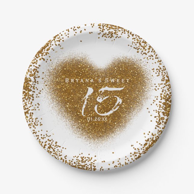 Assiettes En Carton Gold Parties scintillant Heart 15 Plaques de parti (Devant)