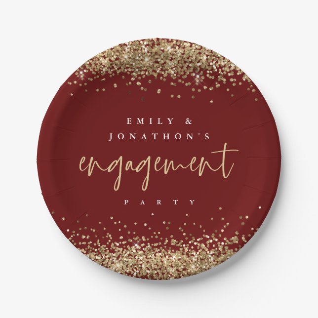 Assiettes En Carton Gold Parties scintillant Noms Burgundy Engagement  (Devant)