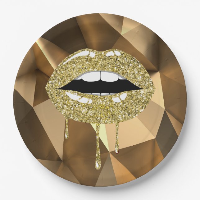 Assiettes En Carton Gold Party Luxury Glam Parties scintillant Lèvres  (Devant)