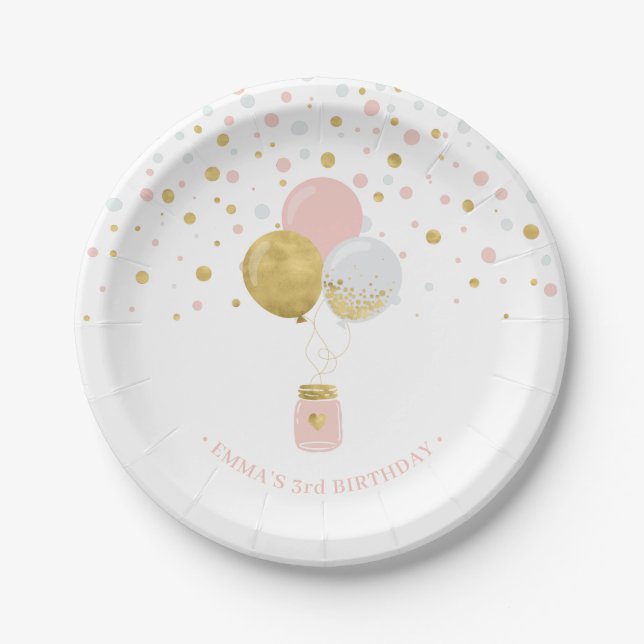 Assiettes En Carton Gold & Pink Confetti, Ballons 1er anniversaire (Devant)