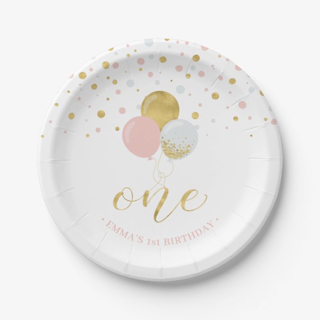Assiettes En Carton Gold & Pink Confetti, Ballons 1er anniversaire (Devant)