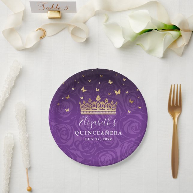 Assiettes En Carton Gold Purple Quinceanera Birthday Party Template (Mariage)