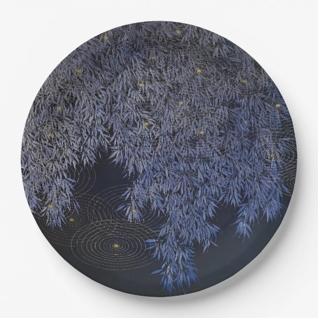Assiettes En Carton Gold Ripples Feuilles Bleues Barbecue Infinement (Devant)