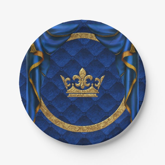 Assiettes En Carton Gold & Royal Blue Crown & Draps Anniversaire (Devant)
