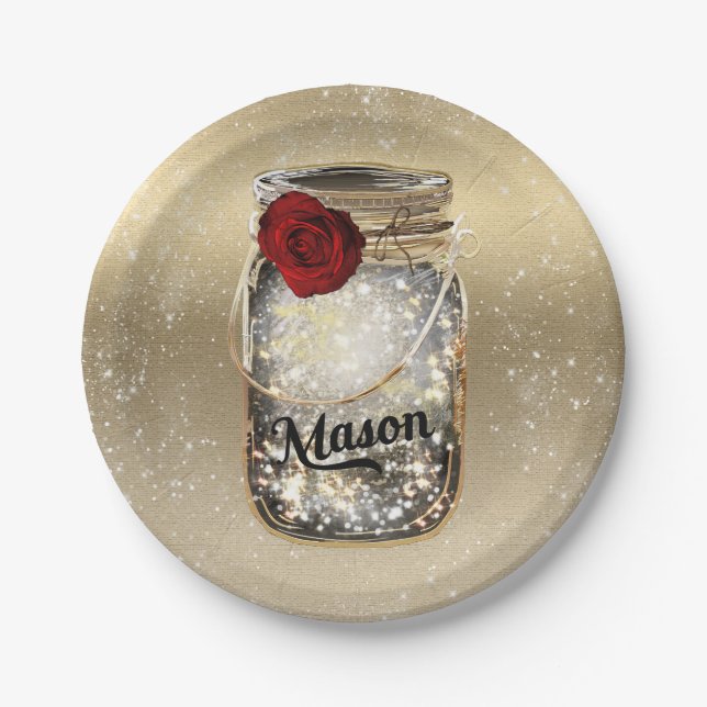 Assiettes En Carton Gold Sparkle Glam Rouge Rose Mason Jar Party (Devant)