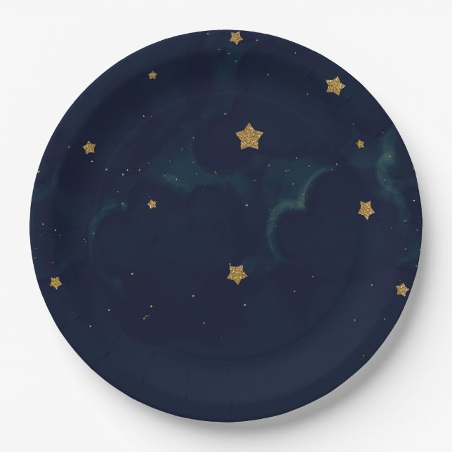 Assiettes En Carton Gold Stars Dark Blue Night Sky Baby shower Party (Devant)