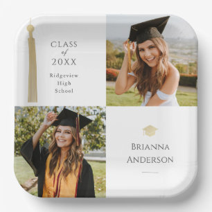 Assiettes En Carton Gold Tassel & Casquette White Photo Graduation