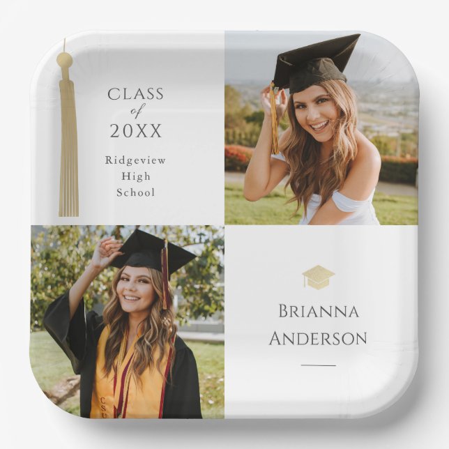 Assiettes En Carton Gold Tassel & Casquette White Photo Graduation (Recto)