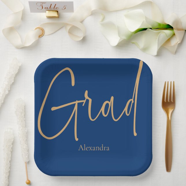 Assiettes En Carton Gold Text Grad Nom Graduation Bleu (Mariage)
