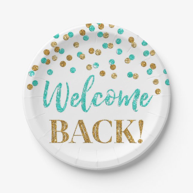 Assiettes En Carton Gold Turquoise Confetti Bienvenue Plaques papier a (Devant)