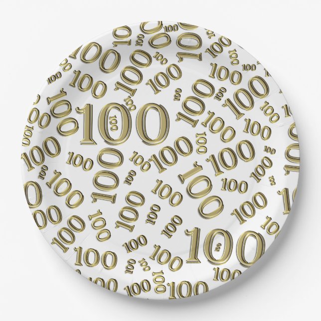 Assiettes En Carton Gold/White 100th Birthday Party Numéro Motif (Devant)
