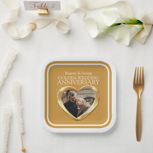 Assiettes En Carton Golden 50e mariage anniversaire carré coeur photo (Mariage)