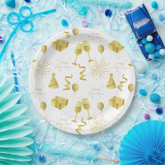 Assiettes En Carton Golden Happy New Year Pattern (Fête)