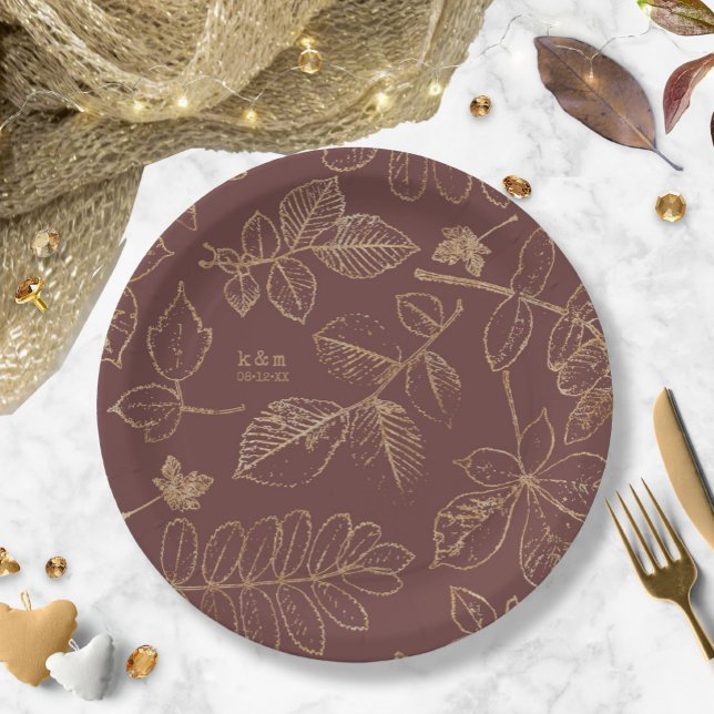 Assiettes En Carton Golden Leaf Motif Mariage Gold/Bourgogne ID655 (Créateur téléchargé)
