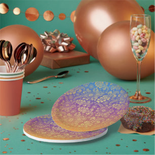 Assiettes En Carton Golden Luxury Paisley on Blue, Purple et Orange
