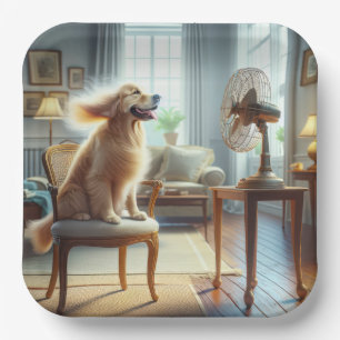 Assiettes En Carton Golden Retriever assis devant le ventilateur