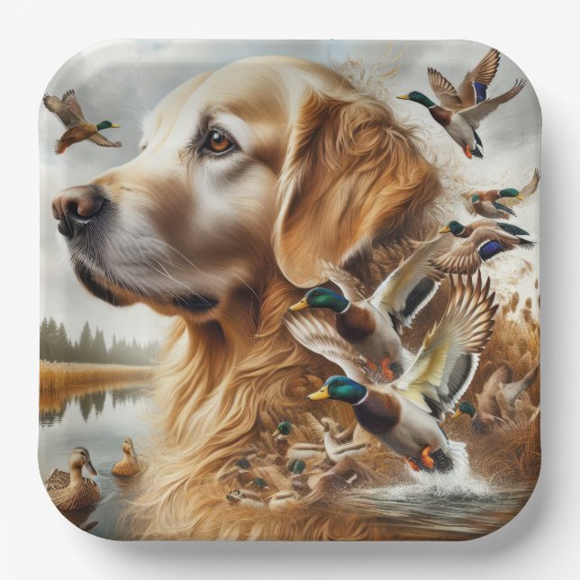 Assiettes En Carton Golden Retriever Avec Canards Majards (Recto)
